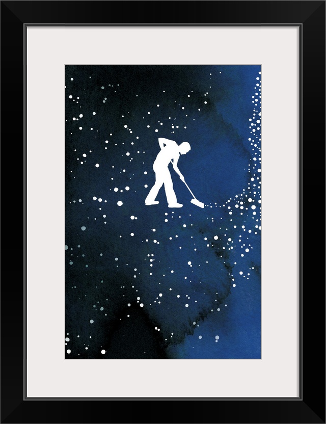 Contemporary illustration of silhouetted man with broom sweeping stars in the sky.