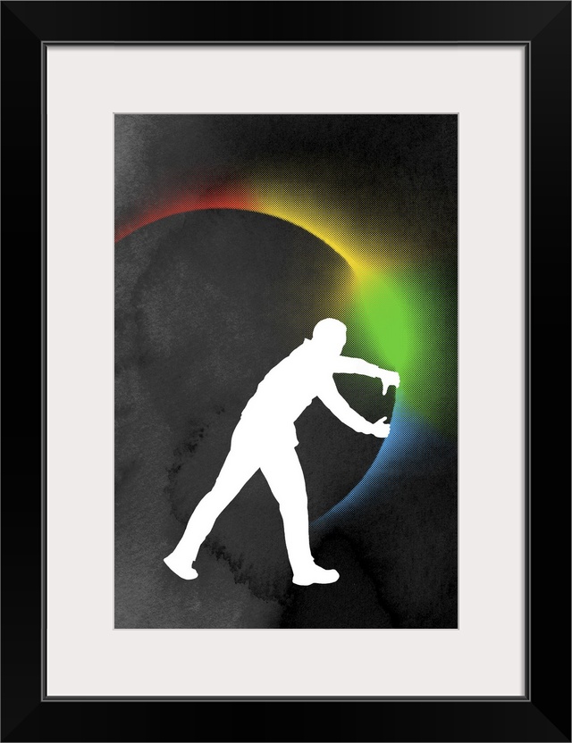 Big abstract art of the silohuette of a man pulling back a circle releasing colorful light.