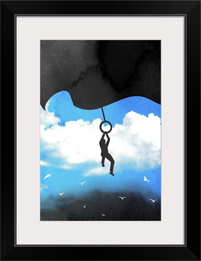 Vertical art on a big canvas of the silhouette of a man hanging from a small loop attached to the bottom of a curtain shad...