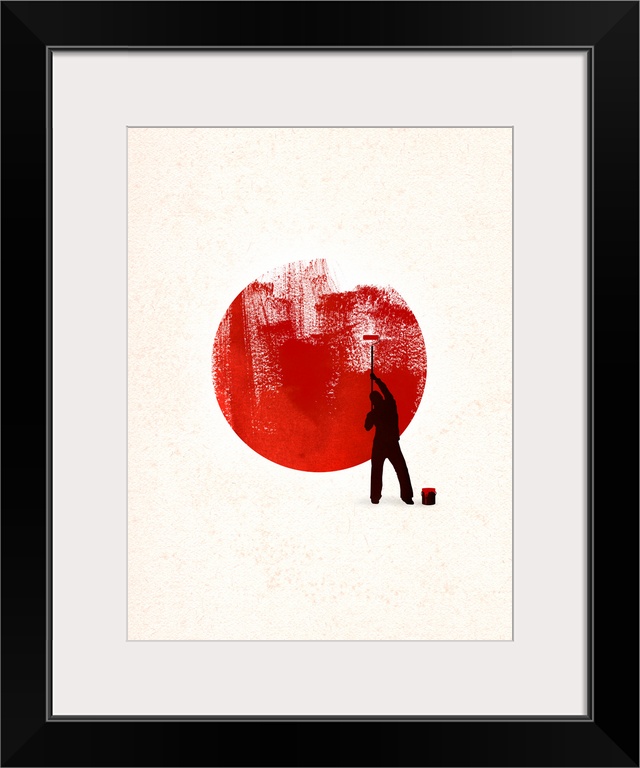 Vertical, oversized art of the silhouette of a person painting a large red circle in the center of an off-white background...