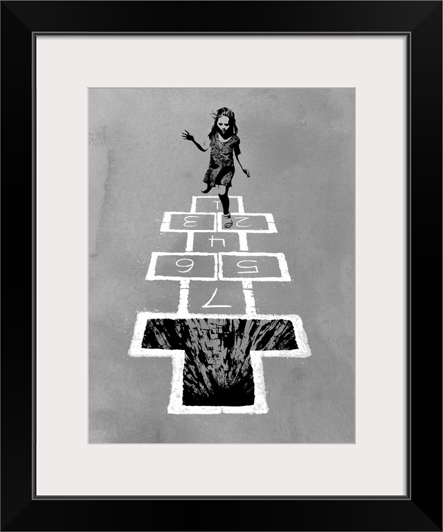 Contemporary abstract canvas of a girl jumping on numbered squares with the furthest squares textured as a cliff.