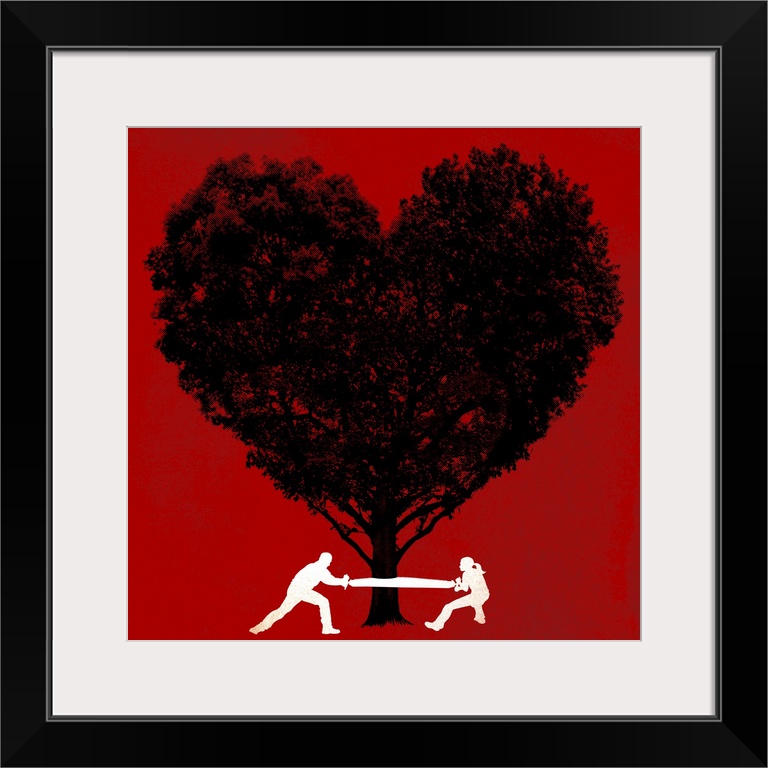 Big contemporary art illustrates a man and a woman working together to cut down a tree that is shaped like a heart against...