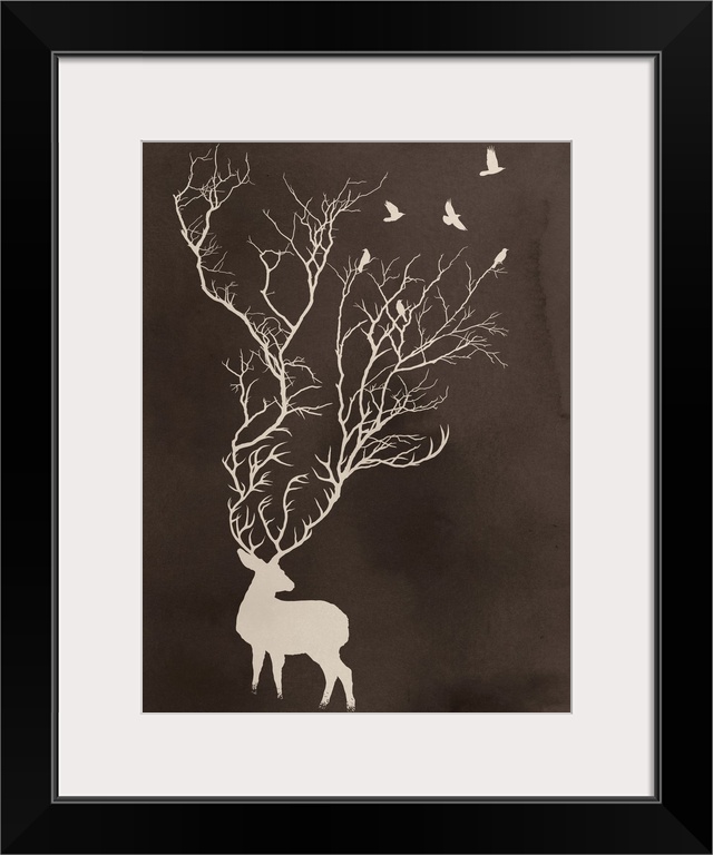 Portrait, large wall art of a white silhouette of a dear standing at the bottom of the image, with antlers that extend the...