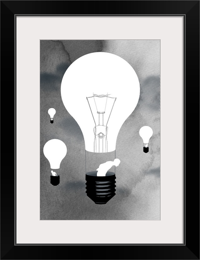 A conceptual illustration of lightbulbs transformed into hot air balloons rising over a background of water color textures...