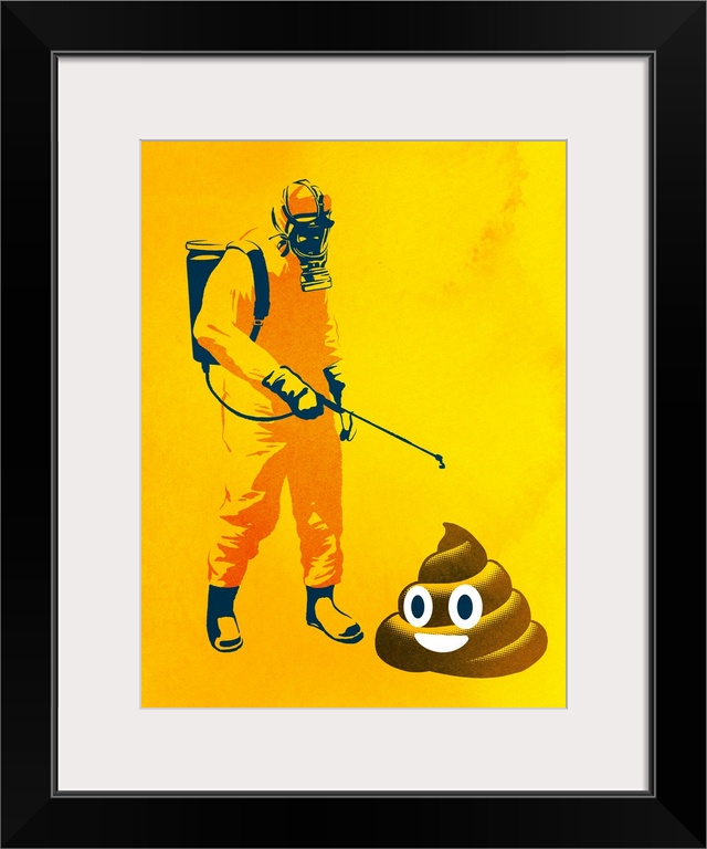 A person in a hazmat suit spraying a large poop emoji.