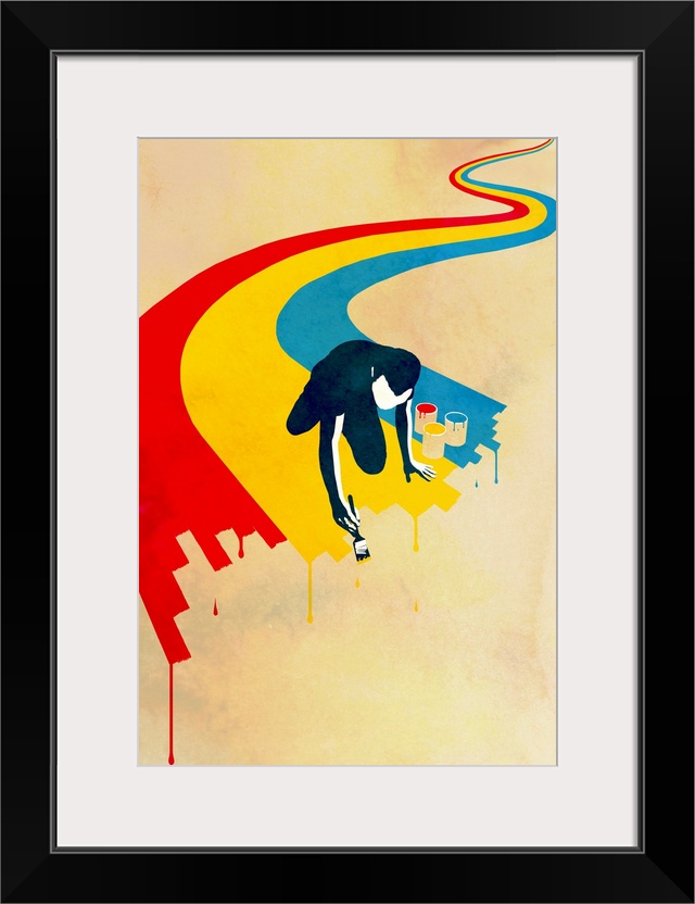 Contemporary illustration of a silhouetted man painting a winding rainbow.  The edge of the rainbow is dripping and appear...