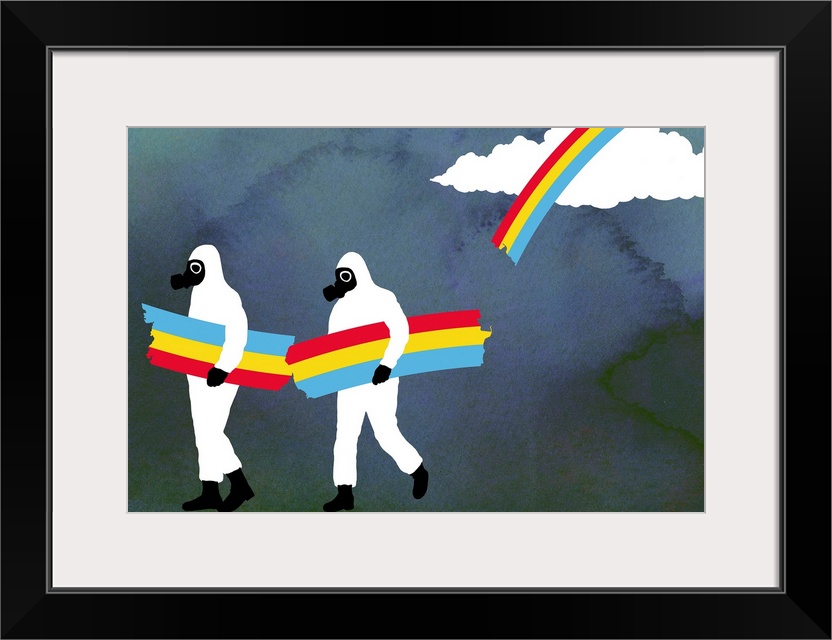 Giant, landscape artwork of two people in jumpsuits and gas masks, holding two large pieces of the rainbow in the sky that...