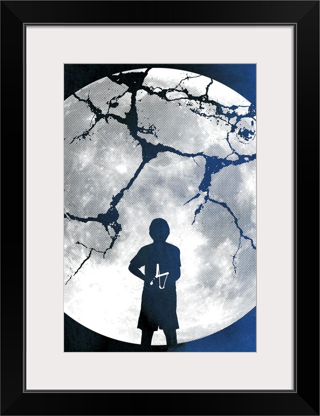 Contemporary art showing a huge cracked moon with the silhouette of a boy with a slingshot in it at night.
