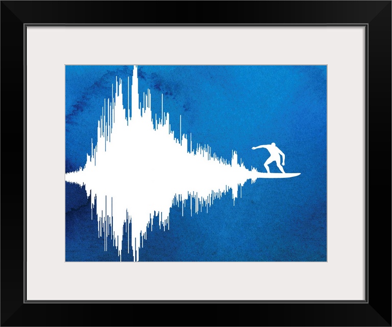 Contemporary abstract painting of a soundwave with a surfer at the end of it.