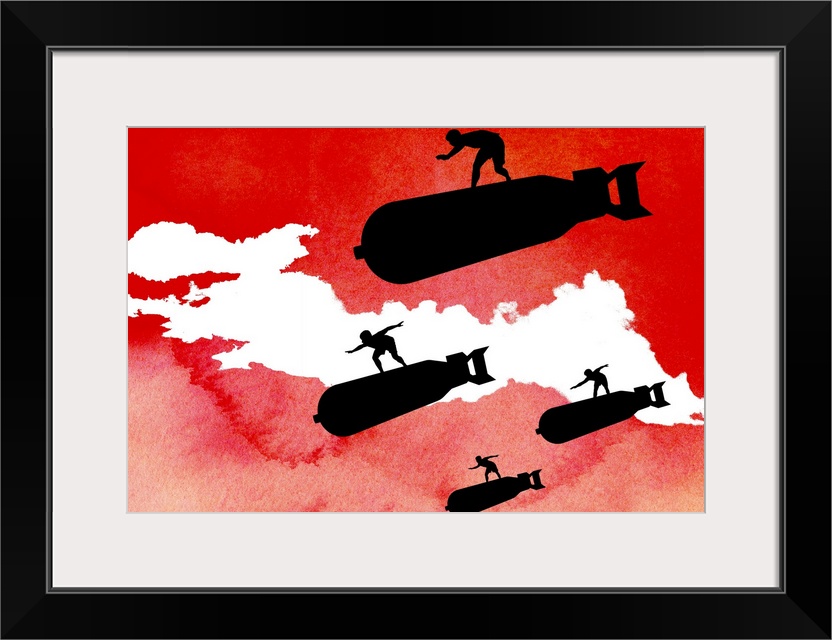 Giant silhouetted illustration of men surfing on large bombs against a rough sky filled with vibrant color.