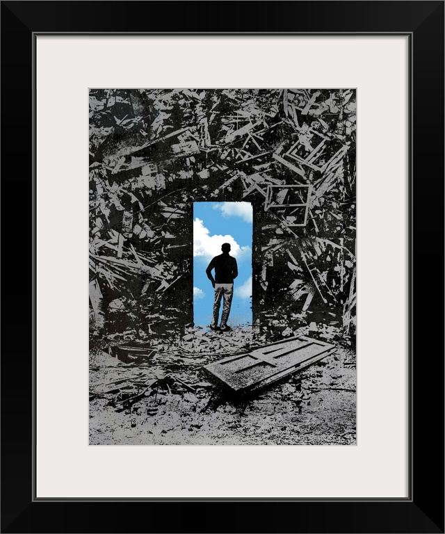 This conceptual illustration shows a silhouetted figure standing on a door way collaged over a junk yard and a discard doo...