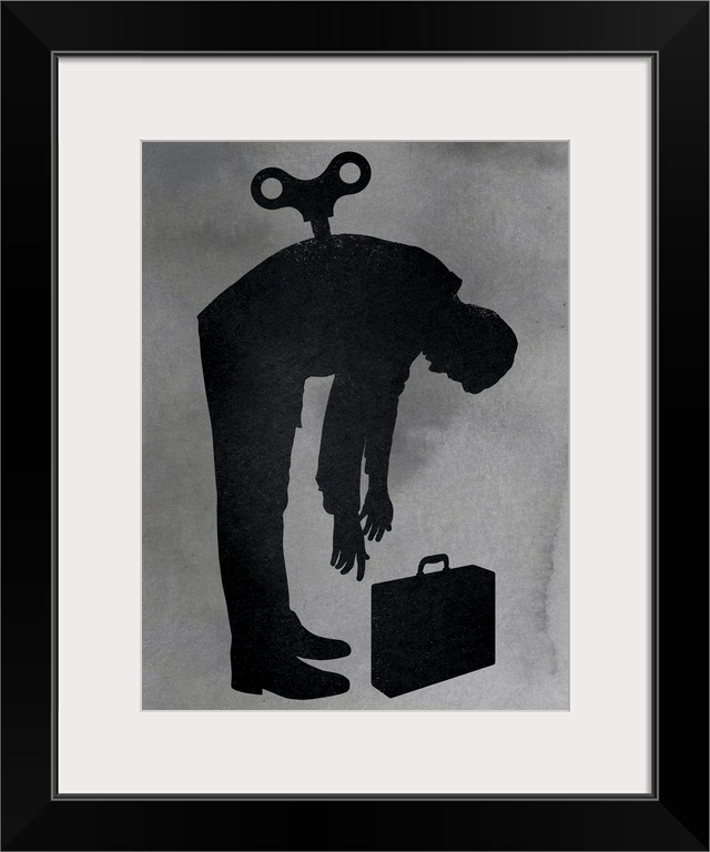 Portrait artwork on a large wall hanging of the silhouette of a man standing, but bent over with his arms hanging down whe...