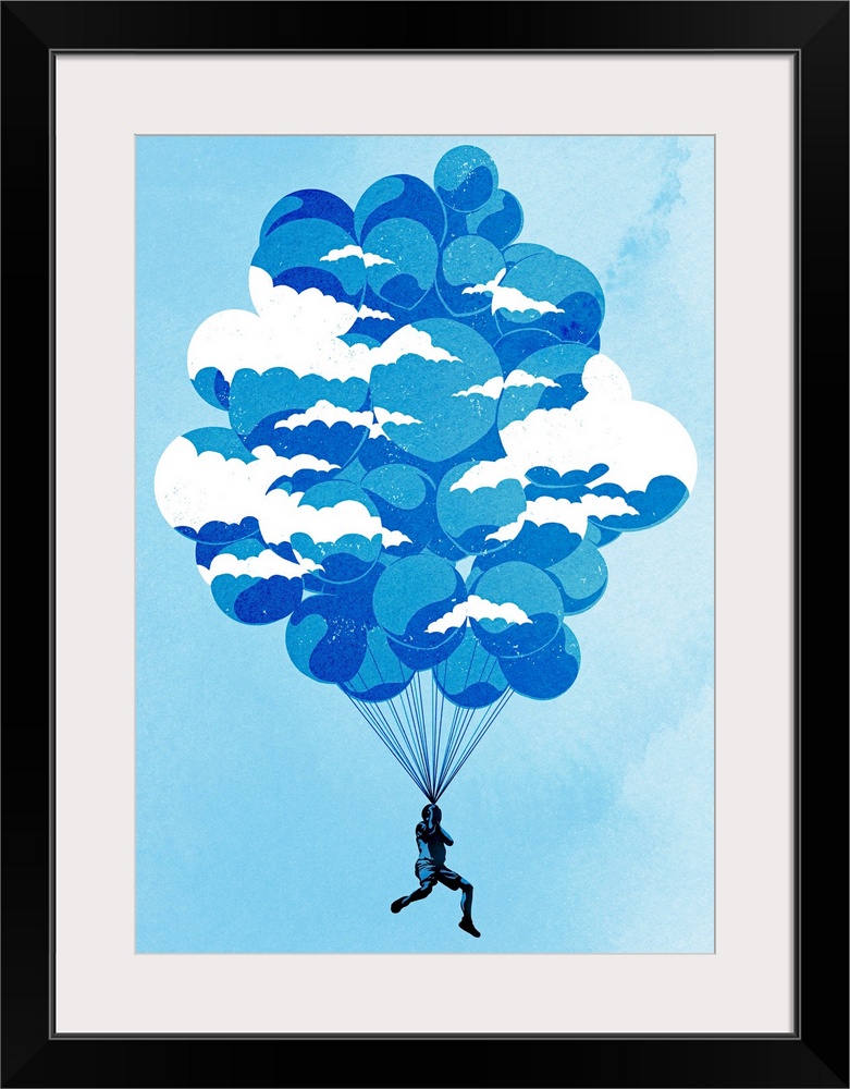 Giant, vertical artwork of a human figure holding onto a large bunch of balloons as they carry him through the air.  The b...