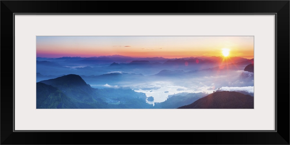 Adams Peak (Sri Pada) view at sunrise, mountains and the Maussakele Reservoir, Central Highlands, Sri Lanka, Asia.