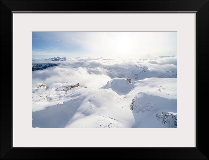 Aerial view of Sass Pordoi covered with snow, Sella group, Dolomites, Trentino-Alto Adige, Italy, Europe