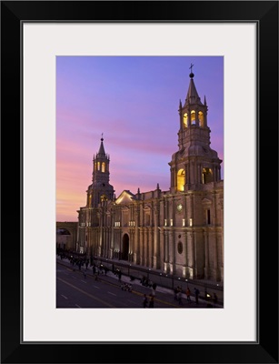 Arequipa Cathedral at sunset on Plaza de Armas, Arequipa, Peru