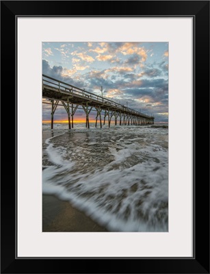 Beach, ocean, waves and pier at sunrise, Sunset Beach, North Carolina