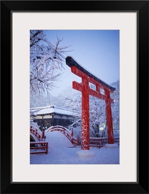 Blue hour in Shimogamo Shrine, during the largest snowfall on Kyoto in 50 years, Japan