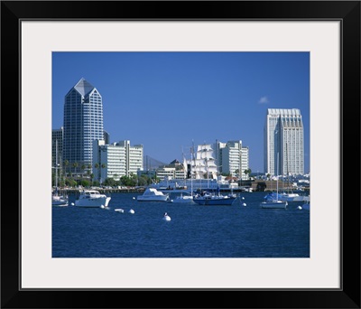 Boats in the harbour and city skyline of San Diego, California