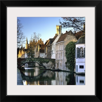 Canal view with Belfry in winter, Bruges, West Vlaanderen (Flanders), Belgium