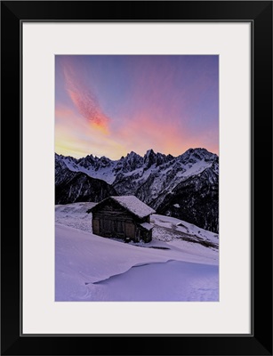 Lone Mountain Hut In Deep Snow With Majestic Peaks In The Background, Switzerland