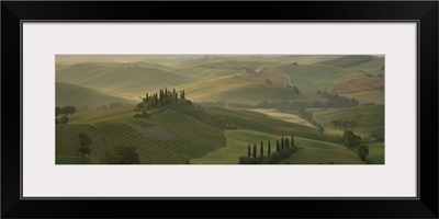 Morning view across Val d'Orcia to The Belvedere, Tuscany, Italy