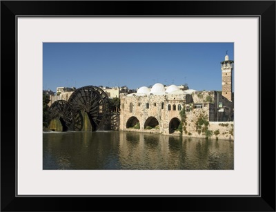 Mosque and water wheels on the Orontes River, Hama, Syria