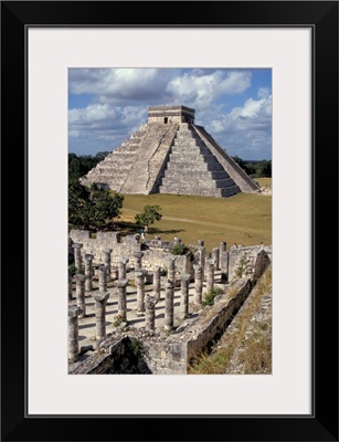 One thousand Mayan columns and pyramid El Castillo, Chichen Itza, Yucatan, Mexico