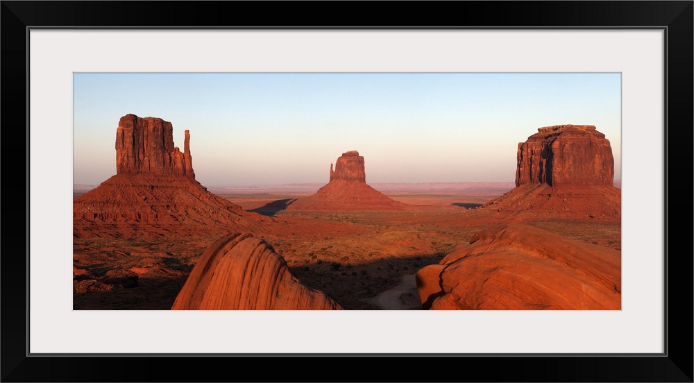 Panoramic photo of the Mittens at dusk, Monument Valley Navajo Tribal Park, Utah