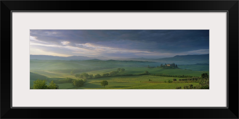 Panoramic view of Belvedere and the Val d'Orcia at dawn, in spring, Tuscany, Italy