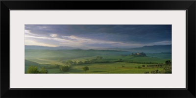 Panoramic view of Belvedere and the Val d'Orcia at dawn, in spring, Tuscany, Italy