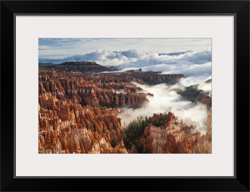 Pinnacles and hoodoos with fog extending into clouds of a partial temperature inversion, Bryce Canyon National Park, Utah,...