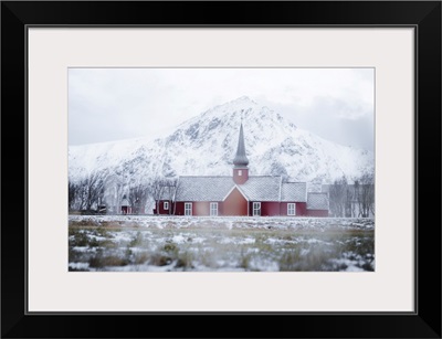 Red Church Of Flakstad In Winter Fog, Flakstad, Nordland County, Lofoten Islands, Norway