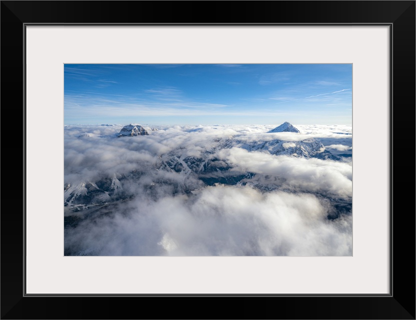 Sorapis group and Antelao emerging from clouds, aerial view, Dolomites, Belluno province, Veneto, Italy, Europe