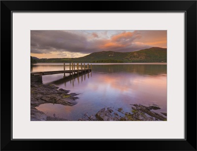 Sunset, Hawes End landing stage jetty, Derwent Water, Lake District, Cumbria, England