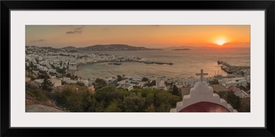 View Of Chapel And Town From Elevated View Point At Sunset, Mykonos, Greece