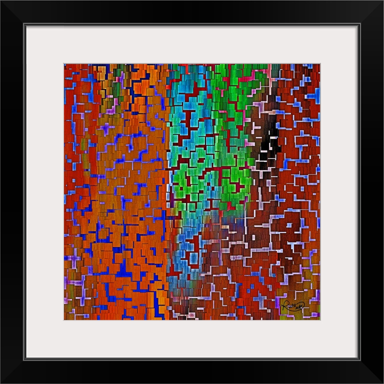 Square abstract piece with tiny solid squares layered on each other  to create a cracked look on a colorful background.