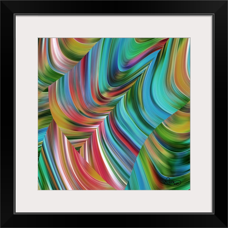 Square abstract art with gradients of color made out of thin lines and arched together creating movement.