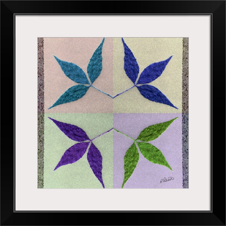 A square design of four mirrored leaves in different colors with a crystallized overlay.