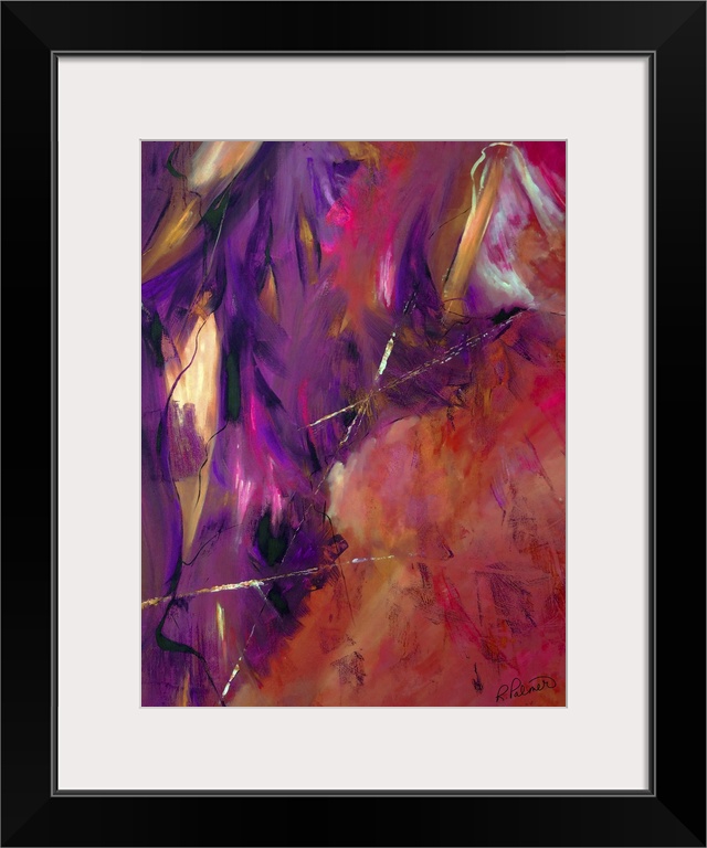 Abstract painting using shades of red, pink, purple, black, and orange with small hints of bright green and blue.