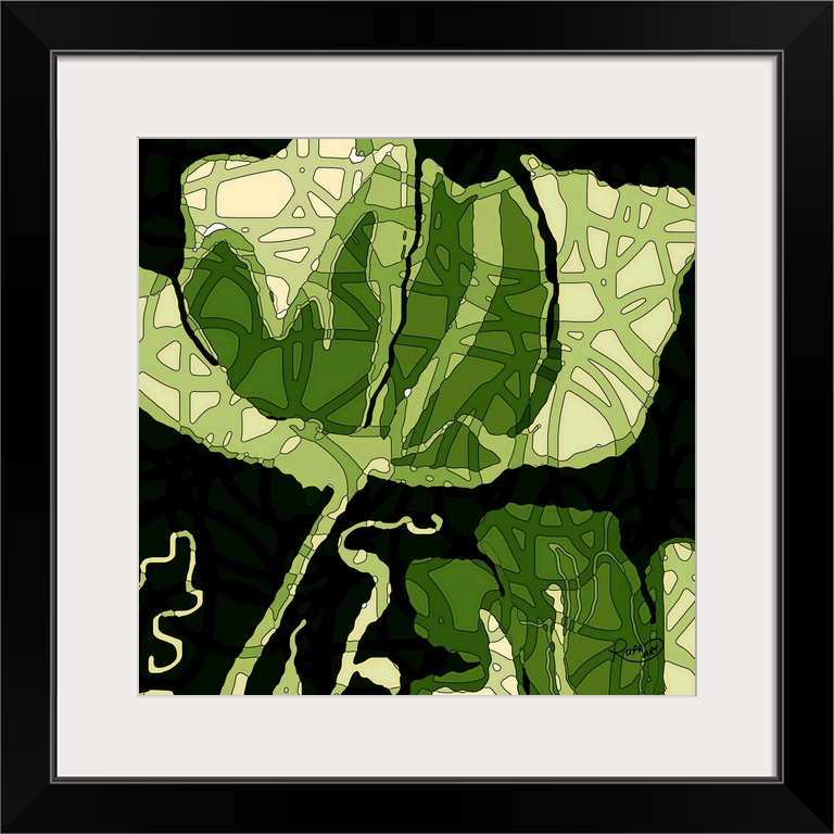 Square abstract art of a large green flower with a lined design on top on a black background.