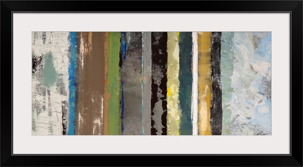 Grunge contemporary art featuring varying vertical lines of colors with a distressed look.