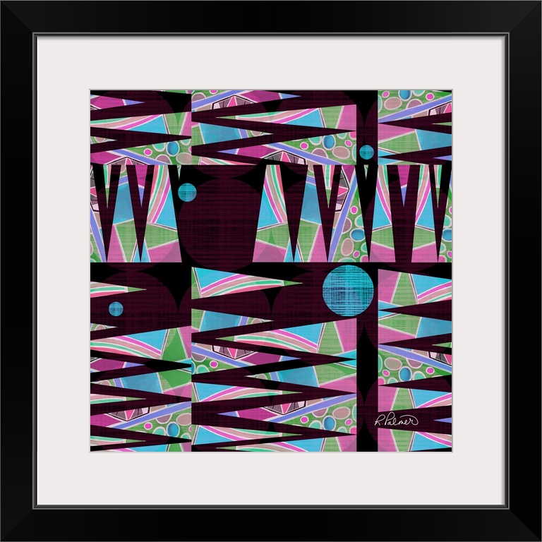 Square artwork of a modern design of circles and triangle shapes with vibrant colored patterns.