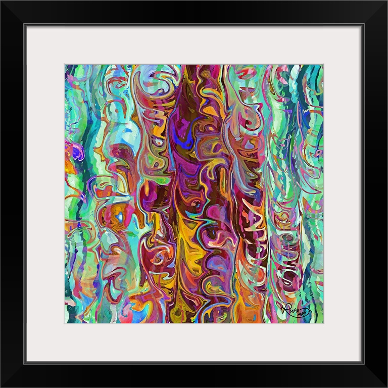 Square abstract art with vertical wave-like patterns of bright colors meshed together.