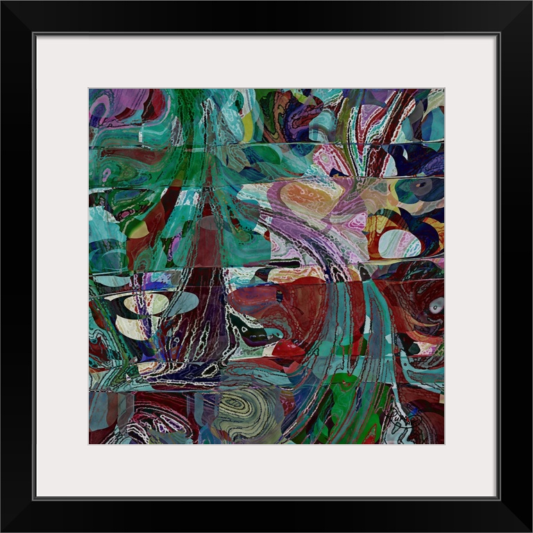 Square abstract art with a busy design filled with dark hues.