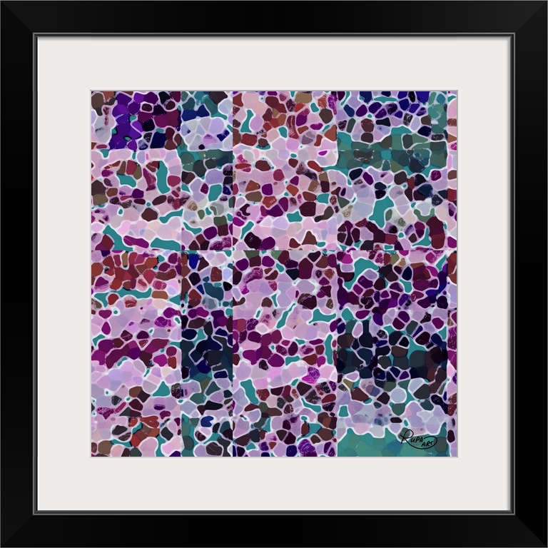 Square abstract art with various shades of purple shapes combined together on a teal background made up of the same style ...