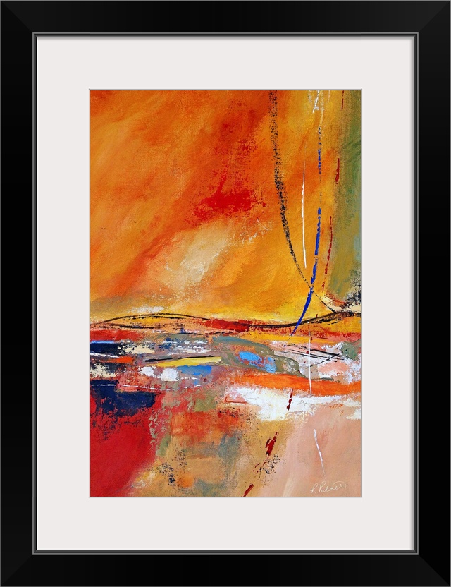 Contemporary abstract painting with colorful dashes of paint over a warm, textured background.