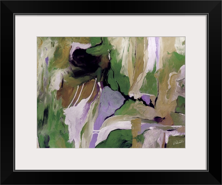 Contemporary abstract painting using pale muted tones of purple and green.
