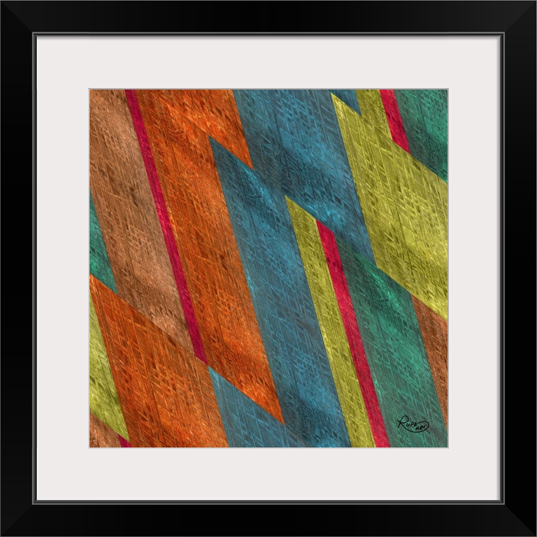 Square abstract artwork in shades of orange, blue and green in a diagonal striped design.