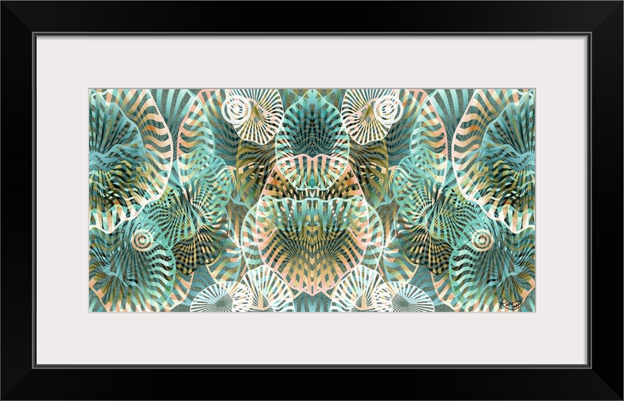 Contemporary digital artwork of striped organic shapes in pale orange and sea green.